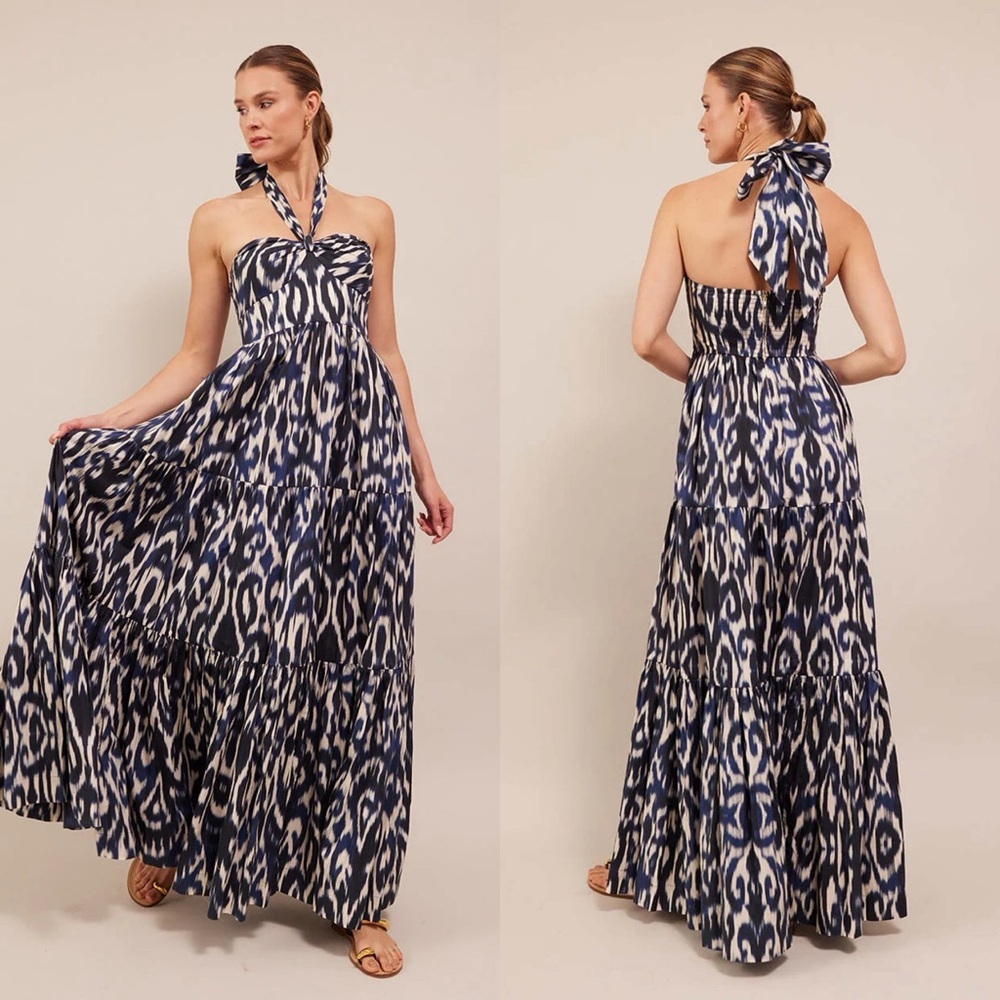 CARA CARA Piana Halter Tiered Maxi Dress in Ikat Navy Sz 4